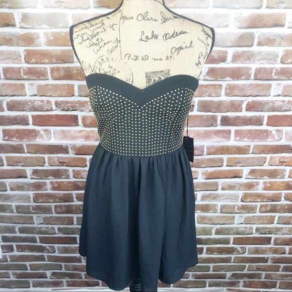 Short Black/Gold Halter Studded Dress - Picture 5 of 8